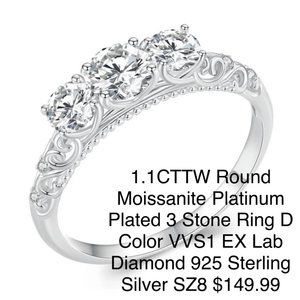 925/ platinum plated sz 8 three stone moissanite (space diamond recreated in a l